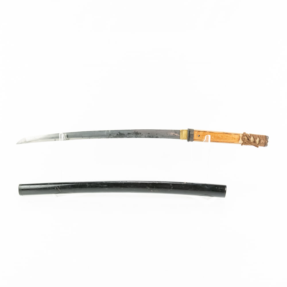 Japanese Civilian Antique Wakazashi: Japanese Civilian Antique Wakazashi. BLADE: Unsigned 2-hole tang. Rust stained with small nicks. HABAKI: 2-piece, gold wash. GUARD (Tsuba): No. HANDLE (Tsuka): Bare core, with some fittings. SCABBARD