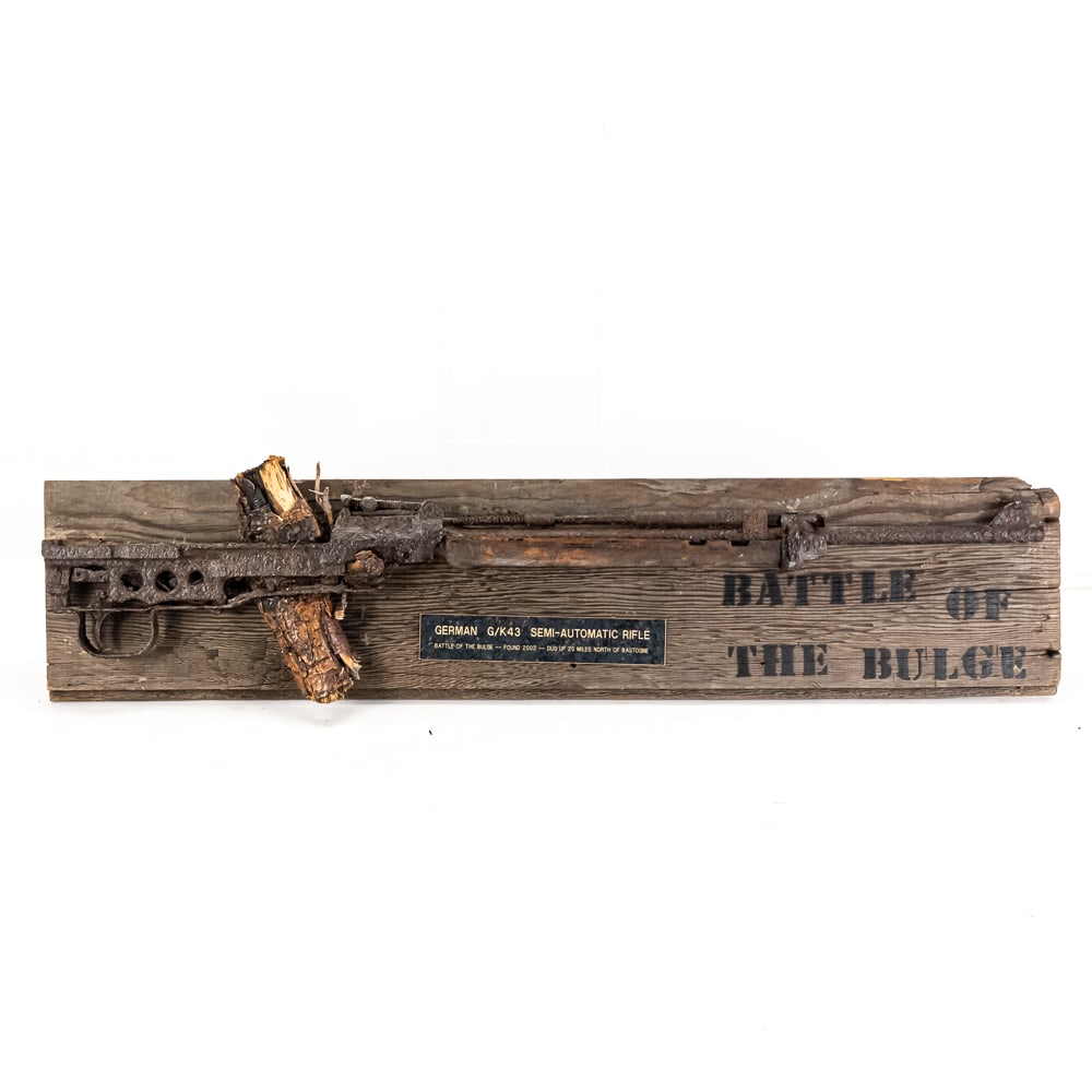 Battle of the Bugle Battlefield Relic German G/K43: Here is a battlefield relic German G/K43 rifle receiver, trigger group and barrel, recovered from the historic Ardennes region. Mounted on a rustic wood plank, the piece features a descriptive plaque