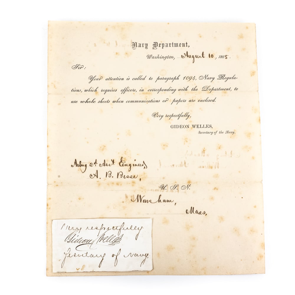 1865 Gideon Welles Navy Dept. Letter and Cut Sig (1 of 5)