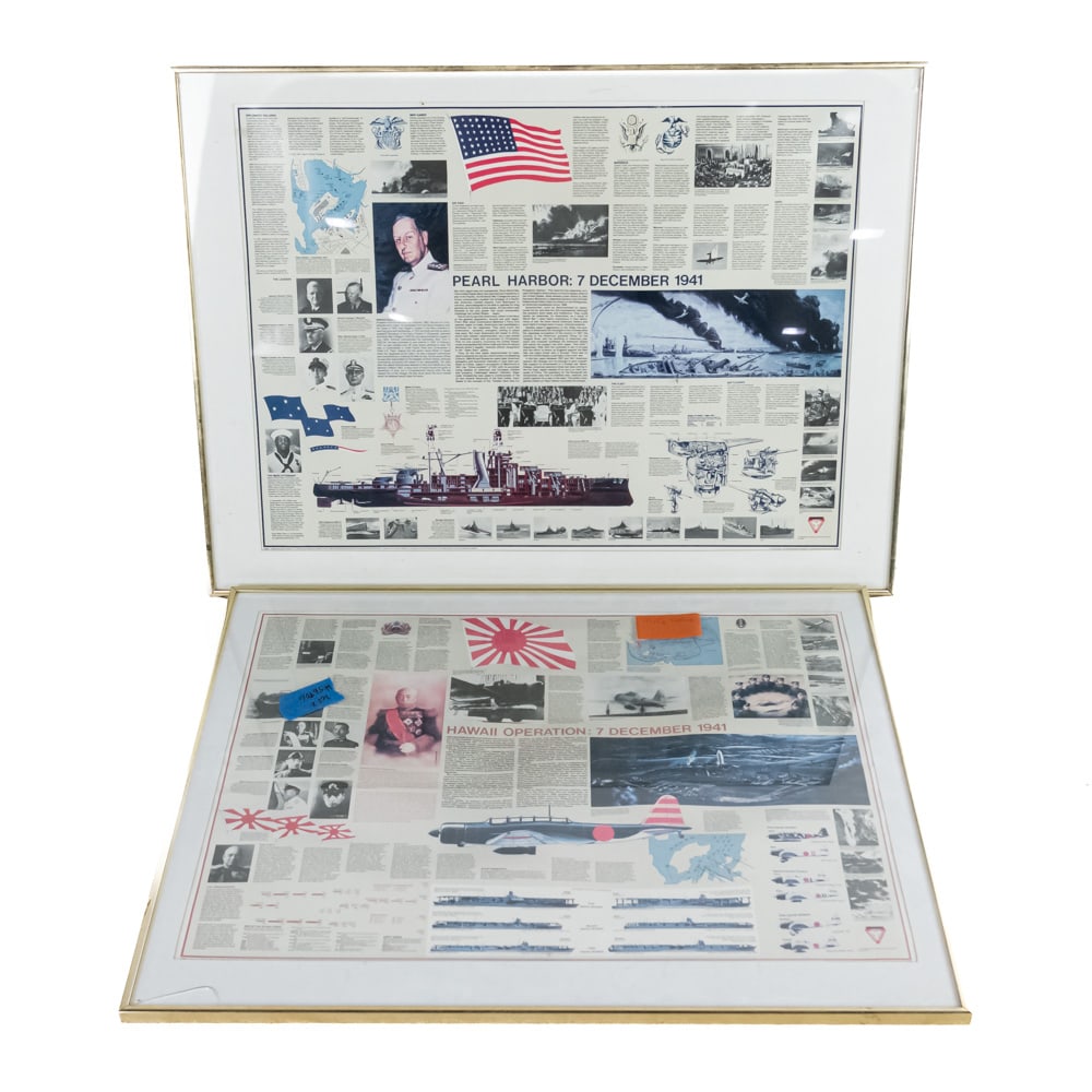 Pair of Pearl Harbor Commemorative Posters: These commemorative educational posters, copyrighted in 1985 by the Fleet Reserve Association Branch 46 and the Arizona Memorial Museum Association, offer a comprehensive tactical overview of the