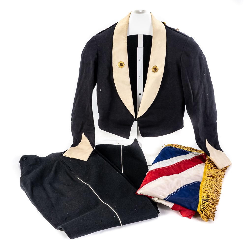 British RASC Officer Mess Dress & Flag.: For King and Country! This is a mid-20th-century British Royal Army Service Corps (RASC) Officer's Mess Dress uniform, tailored by J. J. Collins of Dundee, Scotland. The set includes a dark navy wool