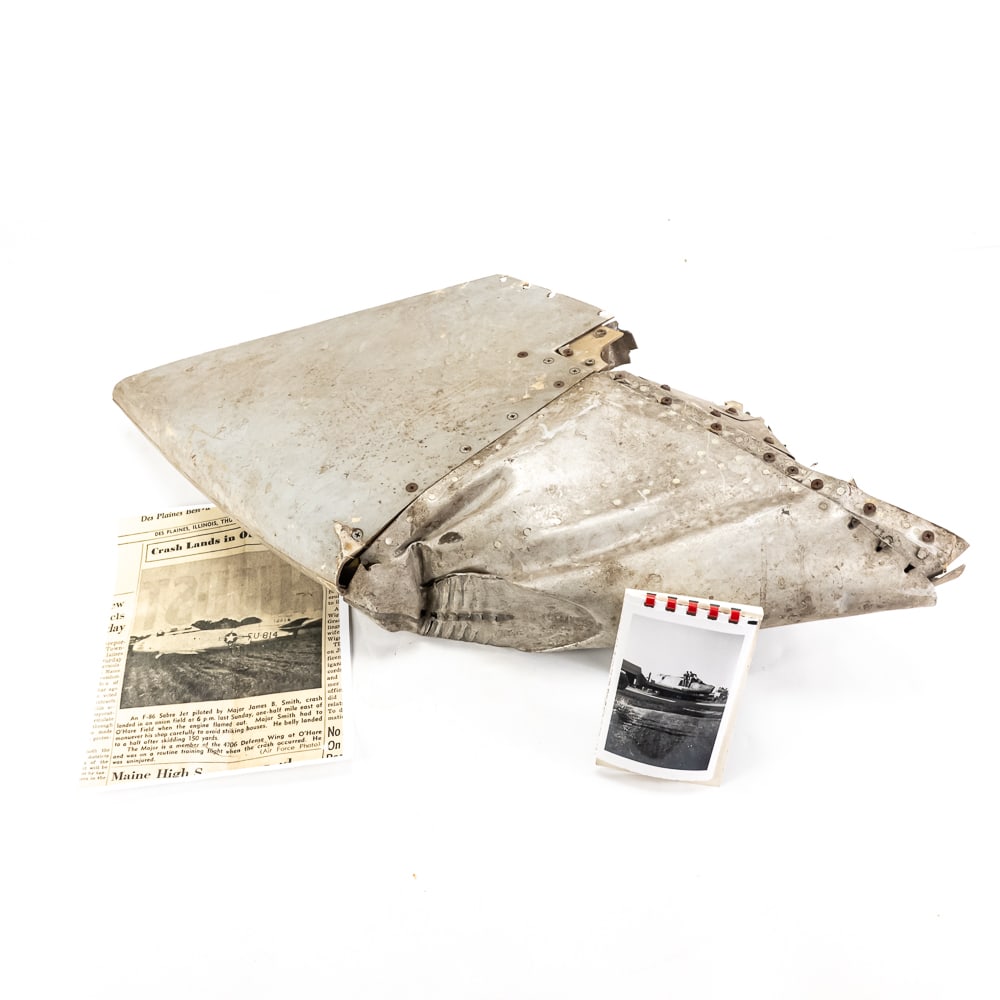 F-86 Sabre Jet Crash Relic & Photos Bensenville IL: FLAME OUT! This is a remarkable historical archive centered on the July 20, 1952, crash of a North American F-86E Sabre jet (Registration 51-2814, FU-814) into a Bensenville, Illinois onion field,