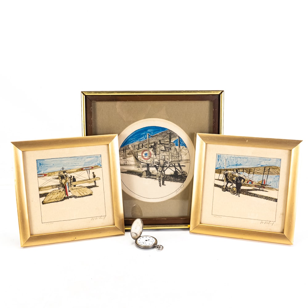 WWI Vesta Aviation Pocket Watch & Art Lot: Vesta Aviation Pocket Watch & Art LotThis rare Swiss-made Vesta open-face pocket watch features a nickel-silver case adorned with a striking niello-style engraving of a biplane soaring over a coastal