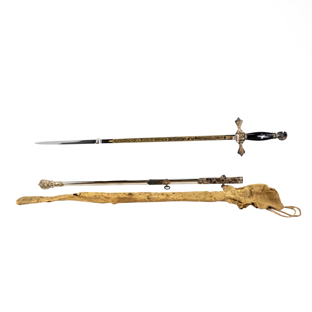 Knights of Columbus Sword W/Scabbard: Early 1900s Knights of Columbus Fraternal Organization dress sword. E. A . Armstrong Chicago, IL makers marked sword is in excellent condition for age. Blade is elaborately engraved and has original o