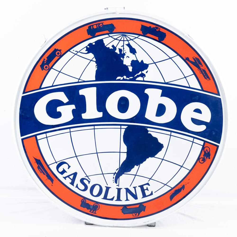 42" Globe Gasoline DSP Porcelain Advertising Sign: "GLOBE GASOLINE" double sided 42" porcelain advertising sign, featured inside while metal frame. Very good overall condition with minor discoloration, peeling gloss, stray marks / scratches. Bold Cris