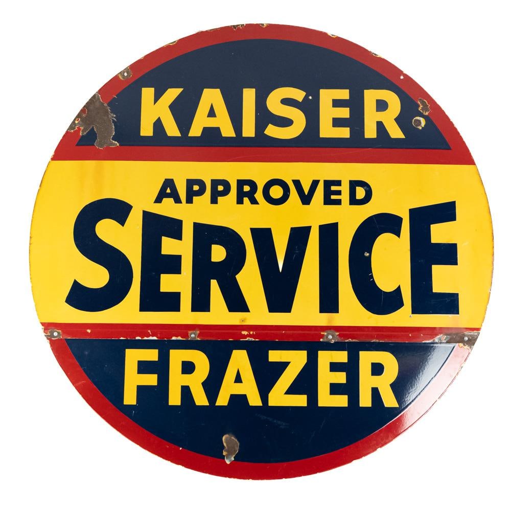 60" Kaiser Service DSP To Piece Advertising Sign: 60" Kaiser Approved Service Frazer porcelain double sided two piece hanging advertising sign. Presents extremely well with handsome color and good gloss. Good to very good overall condition with some