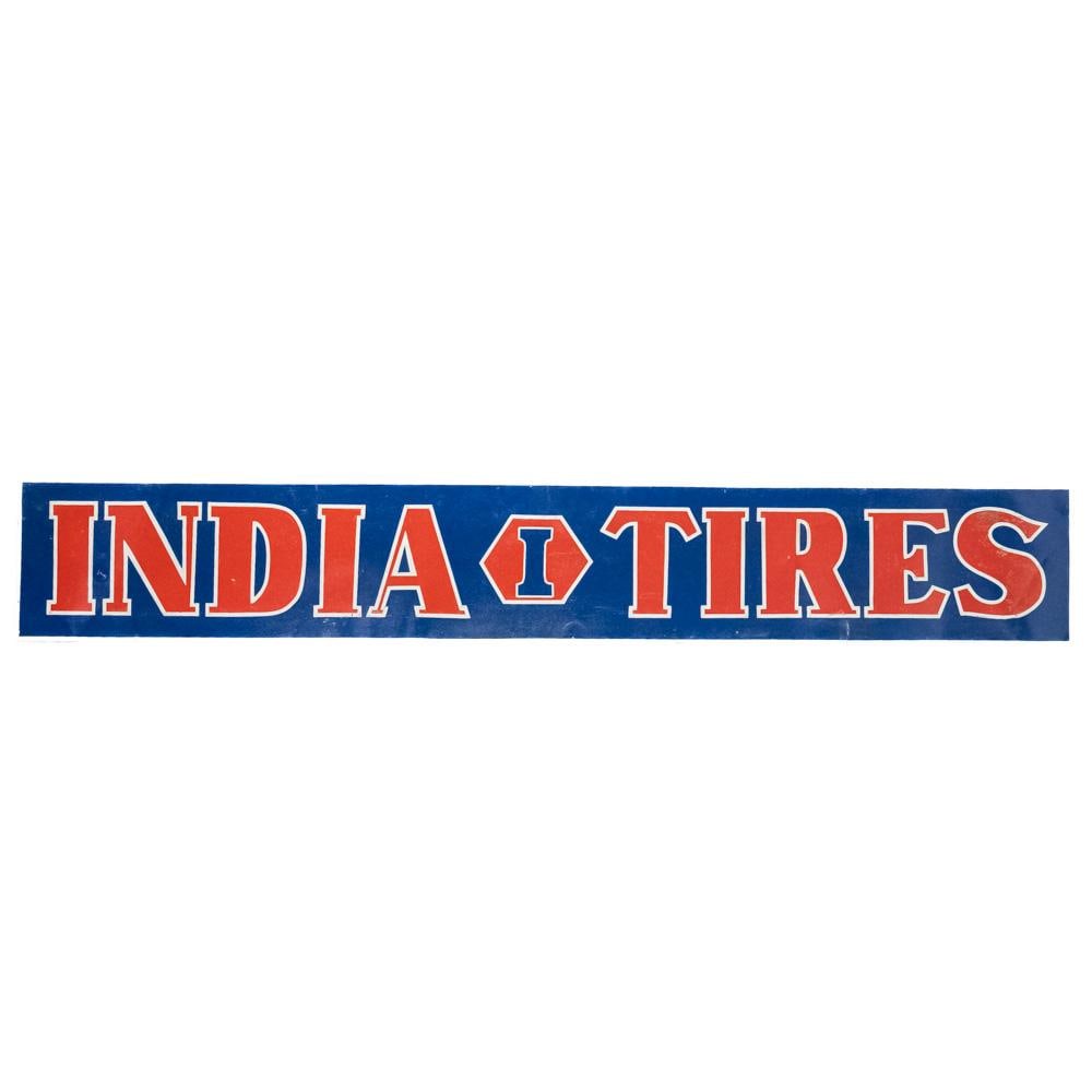 70" India Tires SST Advertising Sign: Vintage India Tires single sided tin advertising sign. Very good to good overall condition with minor discoloration, stray marks and paint loss. Presents well with attractive bold color & gloss. Appro