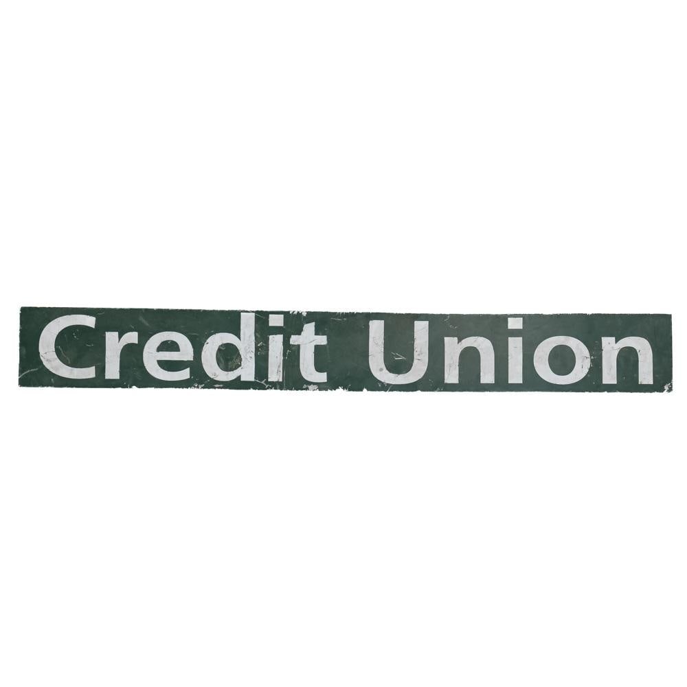 Credit Union Single Sided Advertising Sign: "Credit Union" single sided elongated painted metal advertising sign. Good overall condition with some discoloration, stray marks, chips, paint loss and oxidation; some unevenness near center . Approx