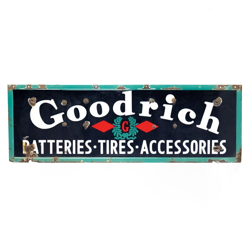 Goodrich Batteries Tires SSP Advertising Sign: "Goodrich Batteries Tires Accessories" single sided porcelain advertising sign. Good overall condition with moderate discoloration, chipped porcelain along with oxidation with related cracks & holes.