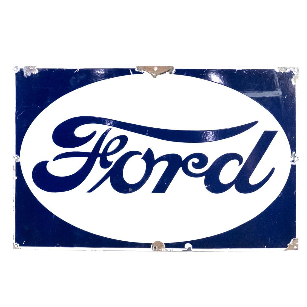 Reverse Colors Ford Veribrite SSP Advertising Sign: "FORD" (featured in reverse colors) single sided porcelain advertising sign. Presents well with strong color and gloss, very good overall condition with stray marks, chipped porcelain in areas (primar