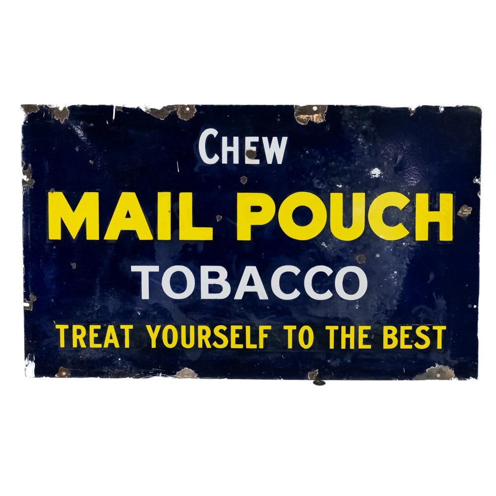 Mail Pouch Tobacco SSP Advertising Sign: Chew Mail Pouch Tobacco single sided porcelain advertising sign. Good overall condition with moderate discoloration, stray marks, over paint, porcelain chips and oxidation. Approximately 24"t x 40"l;