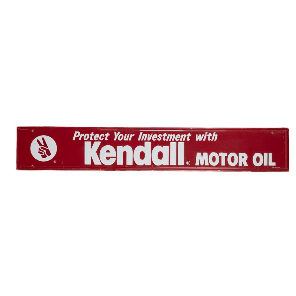 Kendall Motor Oil Embossed SST Advertising Sign: Vintage Kendall Motor Oil embossed single sided metal advertising sign. Grace Comm. Inc St Louis Mo near bottom edge, very good to good overall condition with moderate scratches, stray mark, dings (un