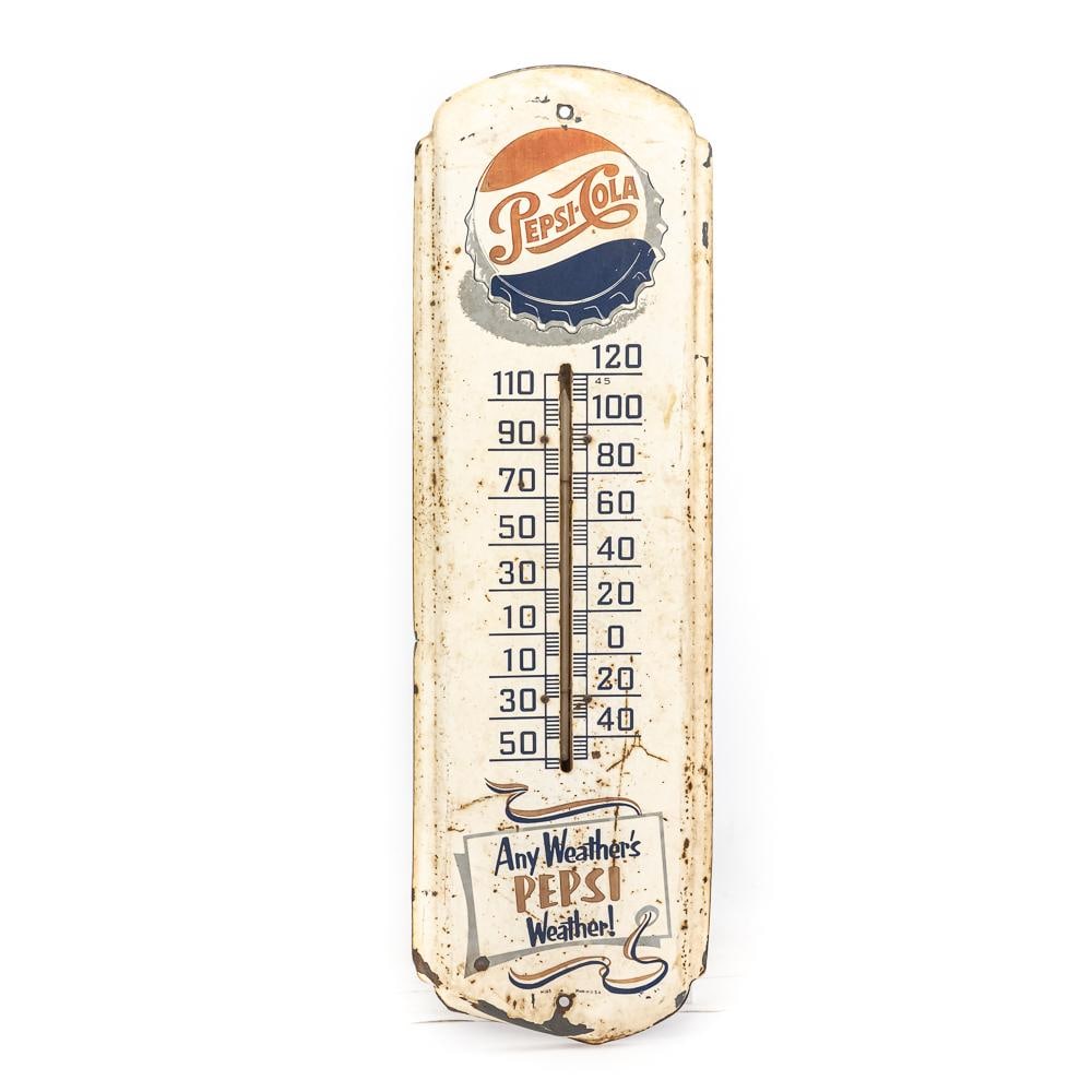 Any Weathers Pepsi Weather Advertising Thermometer: Pepsi Cola "Any Weathers Pepsi Weather" single sided metal advertising thermometer. M165 Made in USA near bottom. Presents well and in good overall condition with some discoloration, dings and oxidati