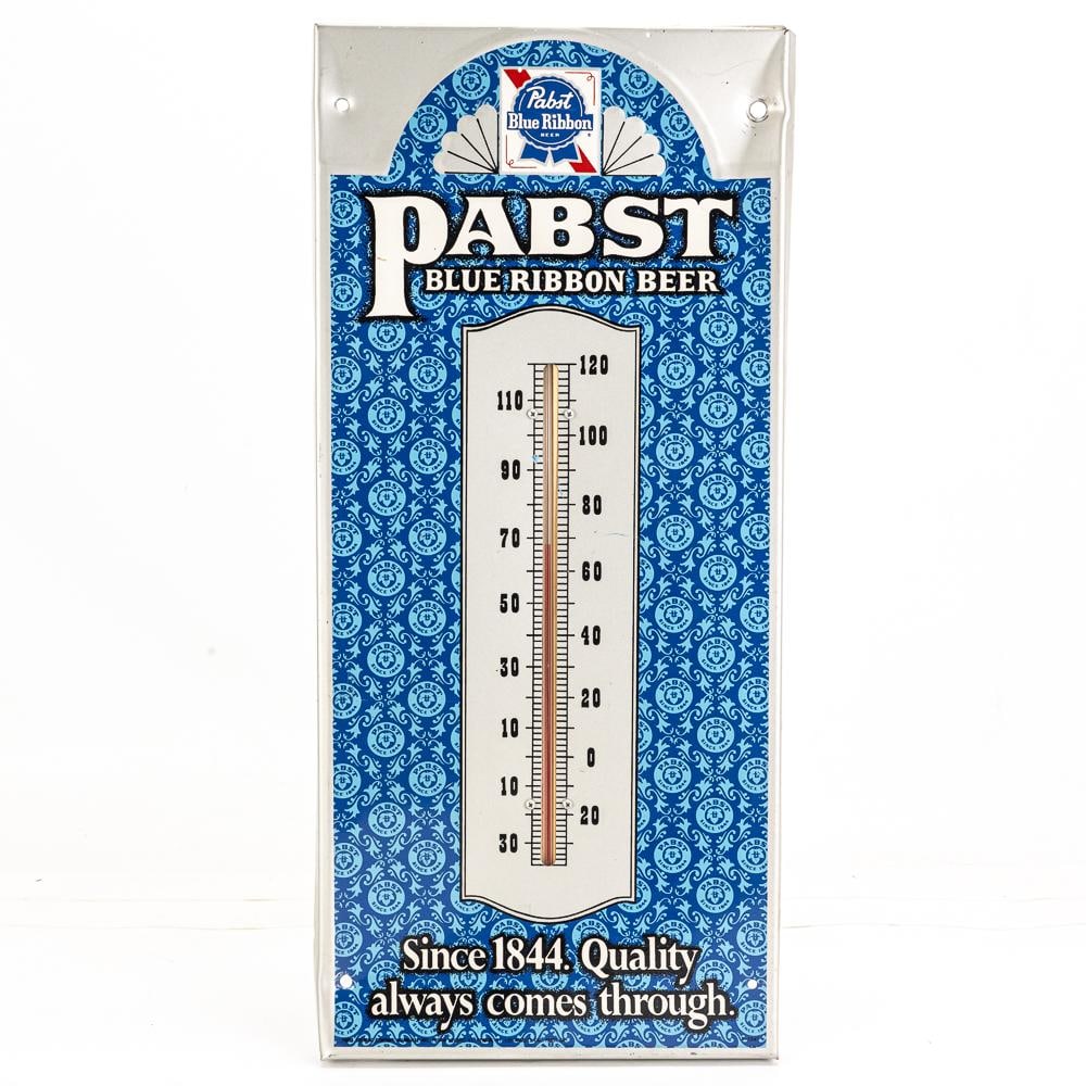 Working Pabst Blue Ribbon Advertising Thermometer: Working Pabst Blue ribbon Beer single sided metal advertising thermometer. Very good overall condition with minor stray marks, unevenness near attachment holes and oxidation. "99" stamp along edge. Ap