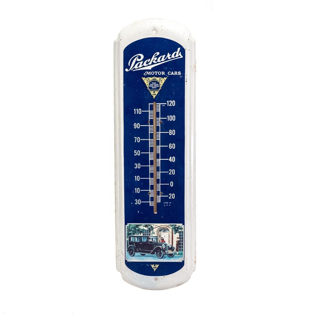 Working Packard Motor Cars Advertising Thermometer: Working Packard Motor Cars single sided metal advertising thermometer. Very good overall condition with some discoloration, stray marks and oxidation. Approximately 27"t x 8.5"l. Please use photos to