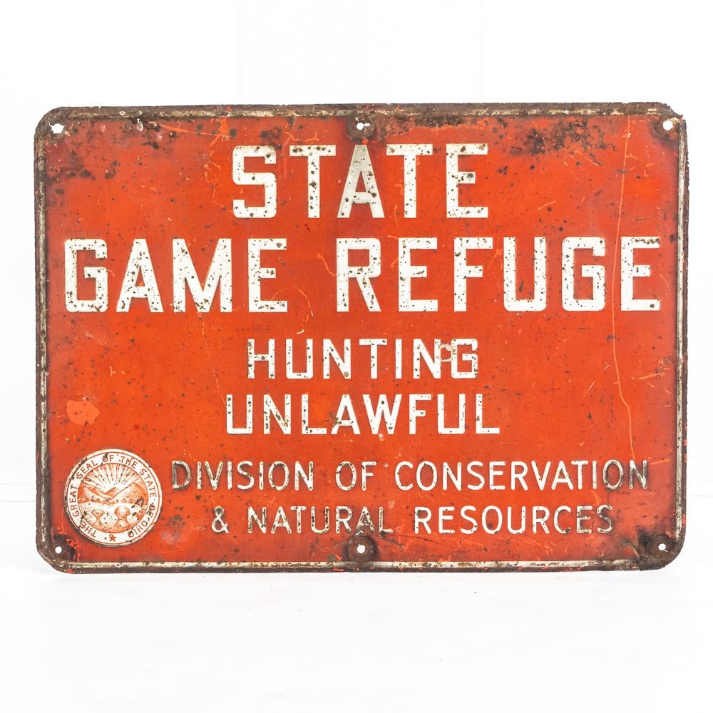Ohio State Game Refuge Warning Embossed Tin Sign: Vintage Ohio State Game Refuge single sided embossed metal "Warning" sign. Good overall condition with some discoloration, chips and oxidation. Approximately 10"t x 13.5"l. Please use photos to judge