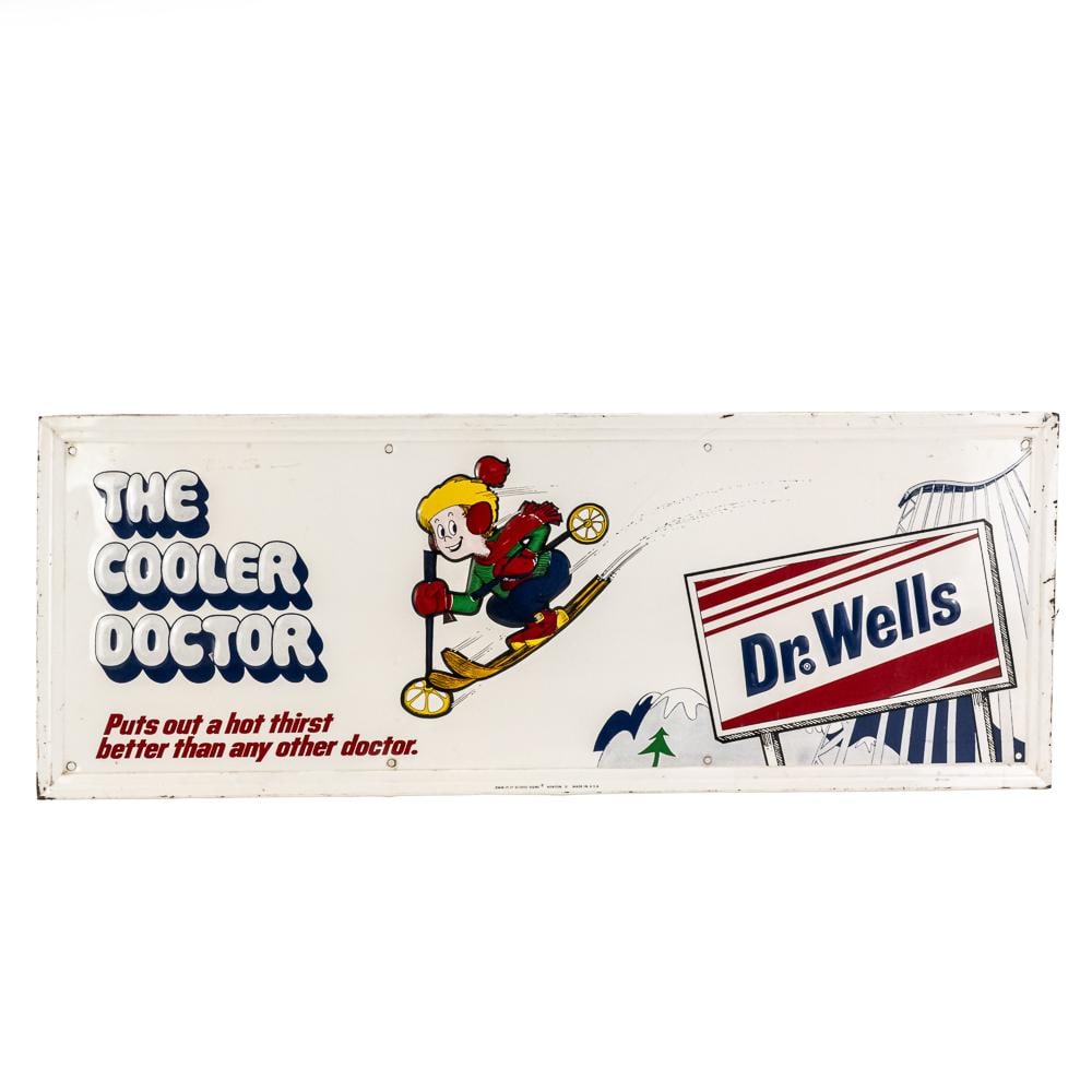 Dr. Wells The Cooler Doctor Embossed SST AD Sign: Vintage "Dr. Wells The Cooler Doctor" embossed single sided tin advertising sign. Very good overall condition with minimal discoloration, stray marks and oxidation. "DVM 71-17 Scioto Signs Kenton O, M