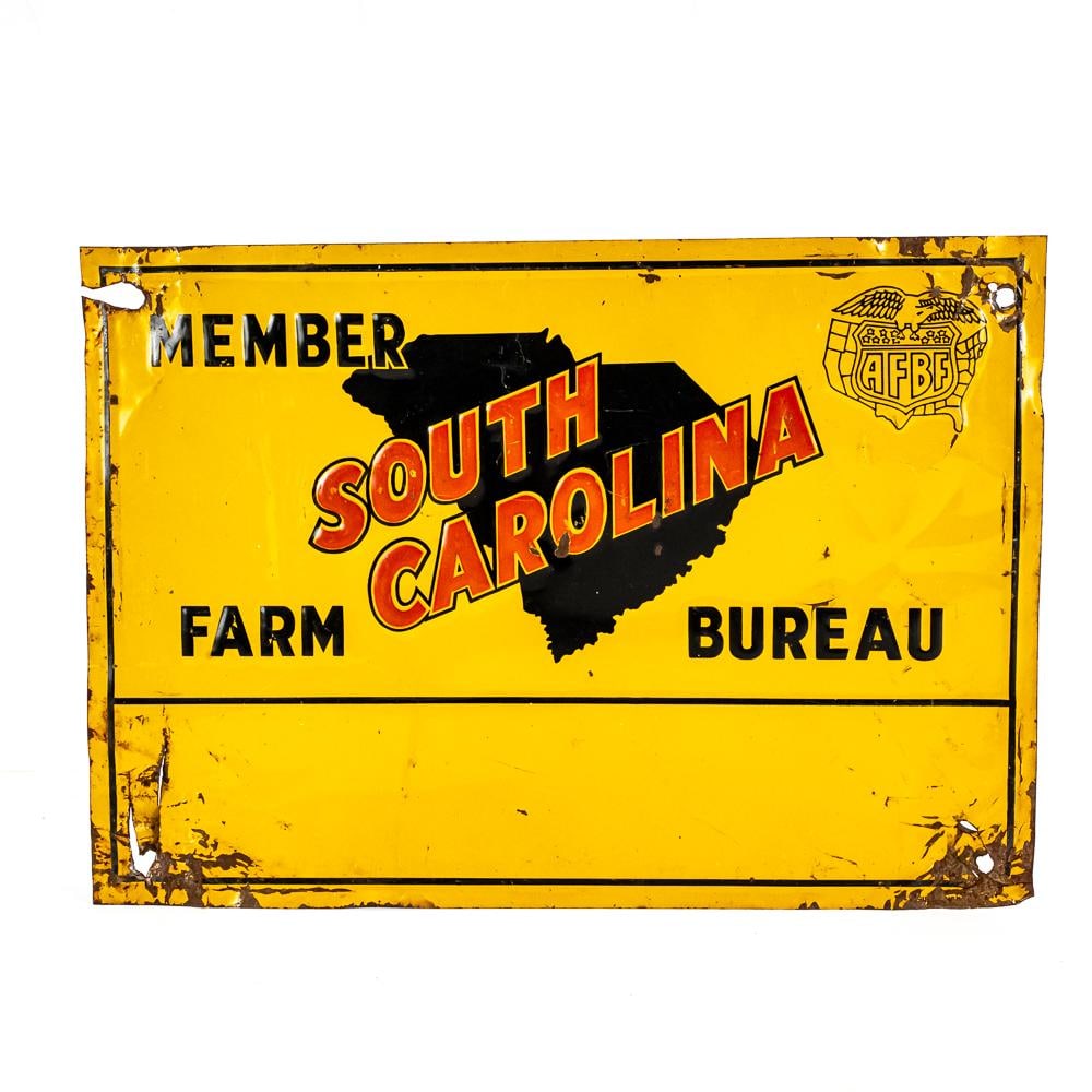 South Carolina Farm Bureau Member SST Ad Sign: Vintage "South Carolina Farm Bureau Member" embossed single sided tin advertising sign. In good overall condition with some discoloration, stray marks, unevenness and oxidation. (2) left holes show im