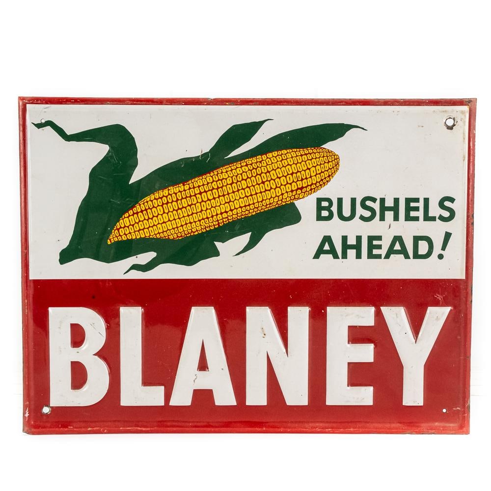 BLANEY Bushels Ahead Embossed SST Advertising Sign: Vintage "BLANEY Bushels Ahead" embossed single sided metal advertising sign. Presents well and in good overall condition with some discoloration, stray marks and oxidation. Approximately 12"t x 16"w.