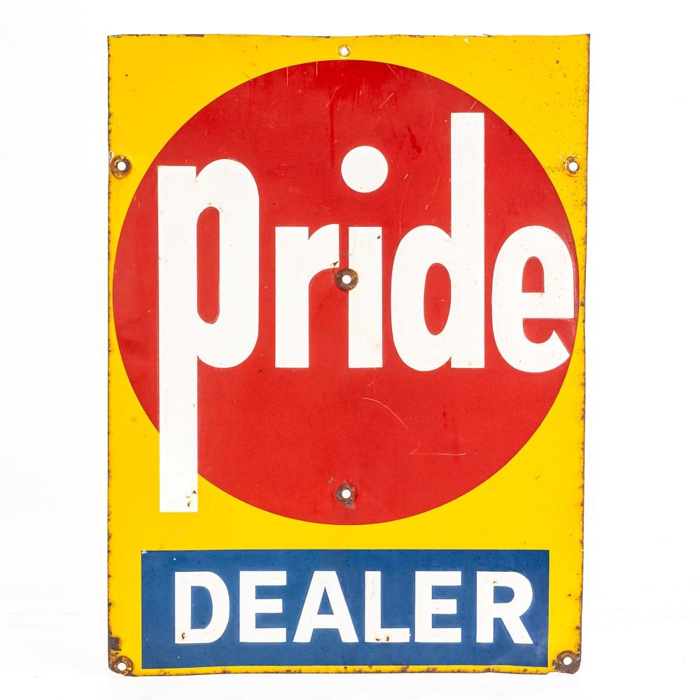 Pride Dealer Embossed SST Advertising Sign: Vintage "pride DEALER" embossed single sided metal advertising sign. Presents well and in good overall condition with some discoloration, stray marks and oxidation rust. Approximately 24"t x 18"w. Ple