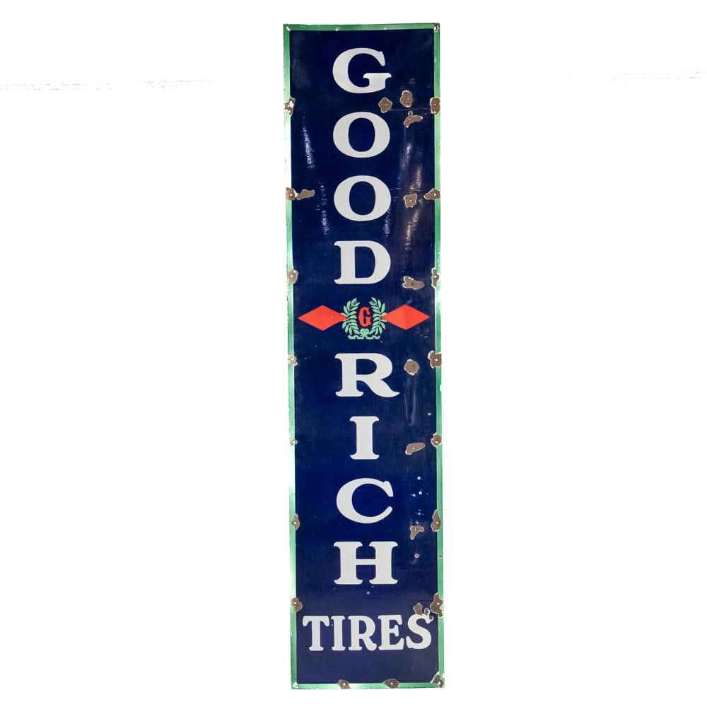 94" Goodrich Tires SSP Advertising Sign: "Goodrich Tires" single sided porcelain advertising sign. Good overall condition with some discoloration, extra holes, scratches & moderate porcelain chips. Presents well with attractive strong color