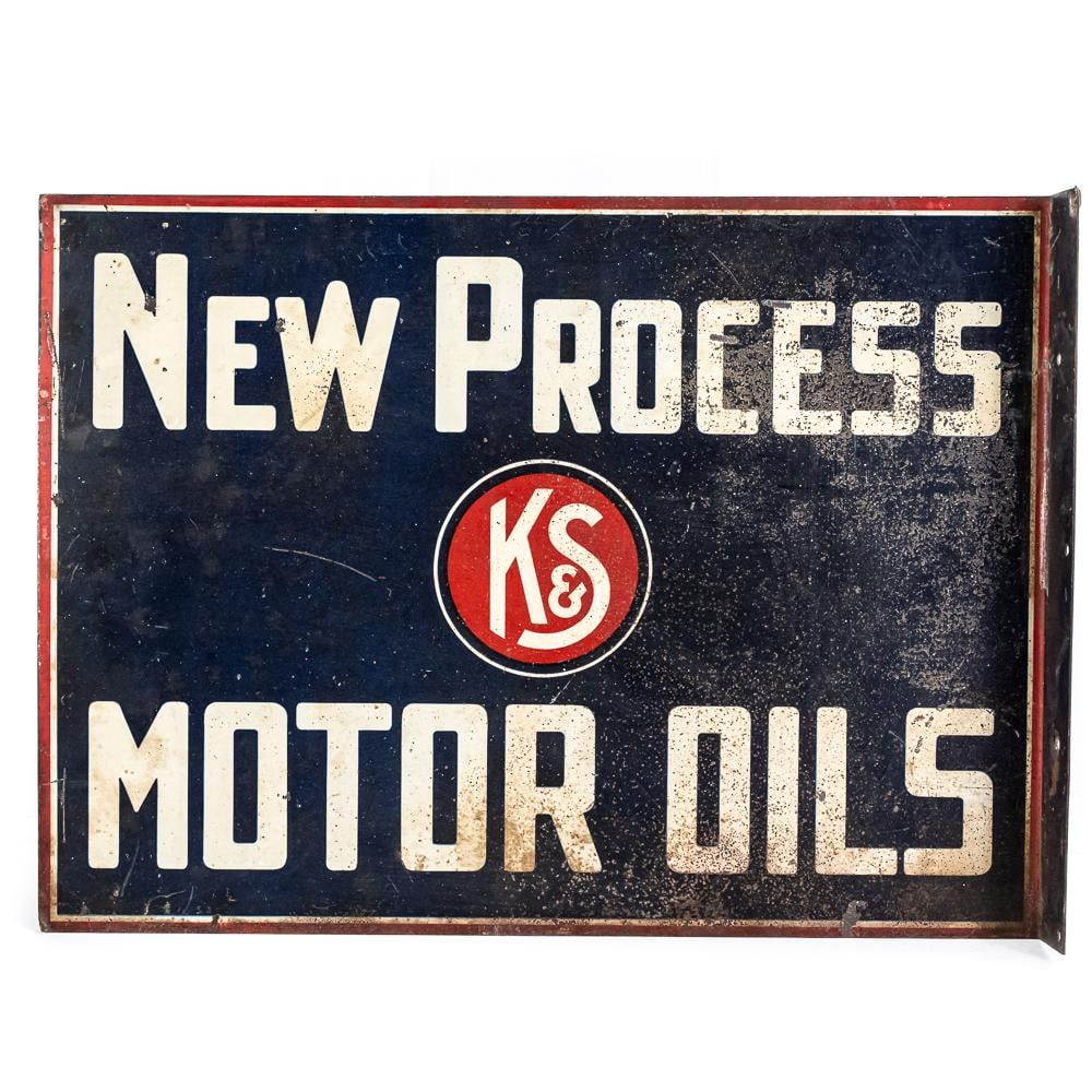 New Process K&S Oils DST Flange Advertising Sign: New Process K&S Motor Oil metal double sided tin flange advertising sign. Presents well with visually appealing color, one side shows slightly better. Good to very good overall condition with some