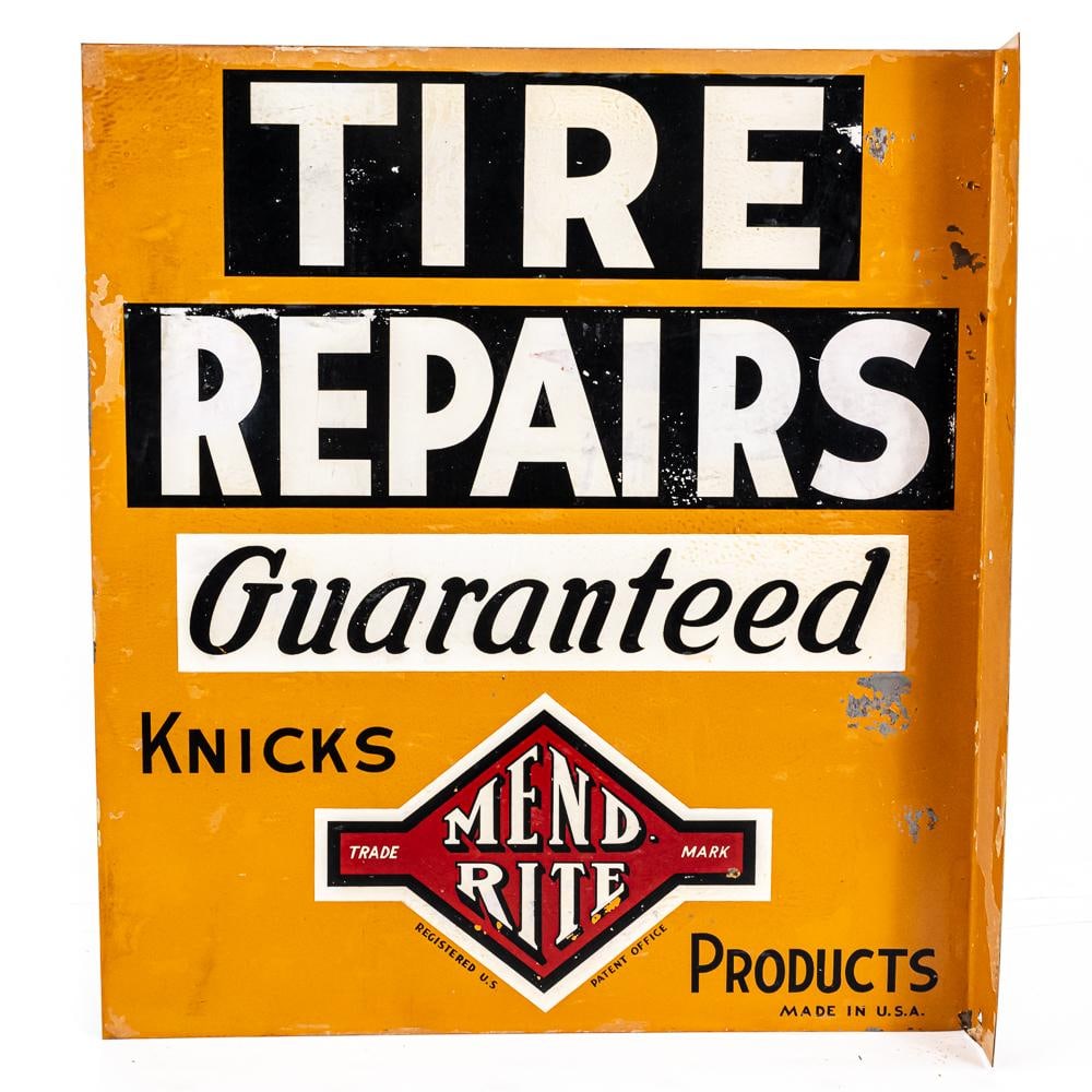 Mend Rite Tire Repair Advertising Flange Sign: Mend Rite Tire Repair tin double sided advertising flange sign. Presents well with bold eye catching color. Flange has (5) side attachment holes. Very good to Good overall condition with some age and