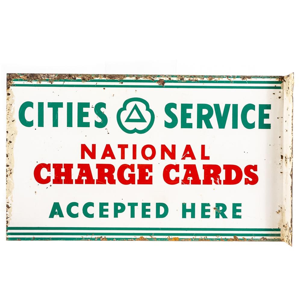 Cities Service National Charge Card Ad Flange Sign: Cities Service National Charge Card double sided tin flange advertising sign. Presents well with eye catching color along and in good overall condition with some age and wear related cosmetic