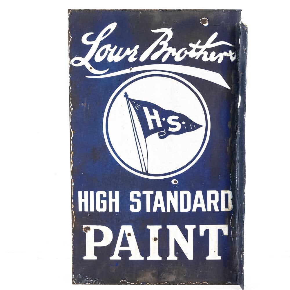 Lowe Brothers High Standard DSP Flange Ad Sign: Vintage Lowe Brothers High Standard double sided flange porcelain advertising sign. Good overall condition with some discoloration, chips, stray marks and oxidation. Flange shows repair and (4)