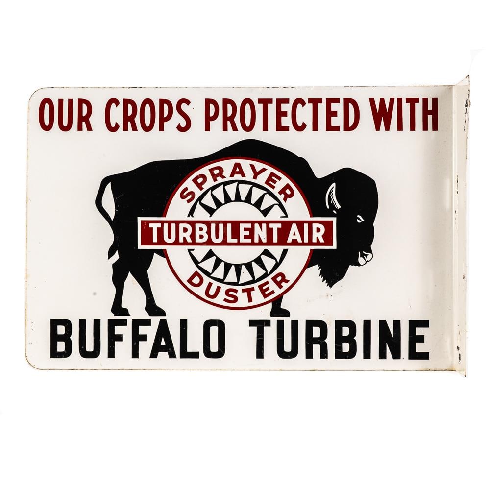 Buffalo Turbine Sprayer DS Advertising Flange Sign: Turbulent Air Buffalo Turbine painted double sided metal advertising flange sign. Very good to good overall condition with minimal scratches, stray marks and oxidation. Presents extremely well with
