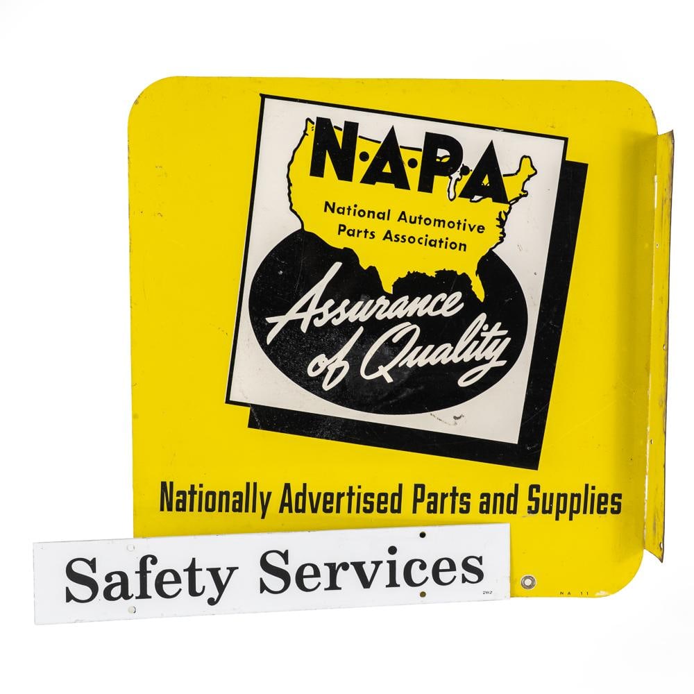 NAPA Safety Double Sided Flange Advertising Sign: Vintage N.A.P.A. double sided metal advertising flange sign. Very Good overall condition with some discoloration, stray marks and oxidation. "NA 11" near bottom edge with a pair of additional holes