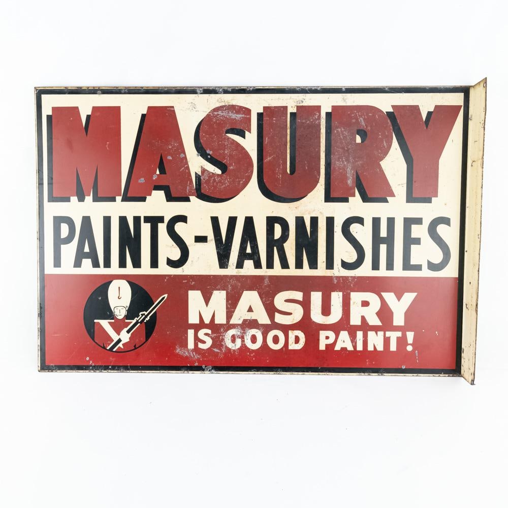 Masury Paints Varnishes Flange Advertising Sign: "Masury Paints Varnishes" double sided metal flange advertising sign. Good overall condition with some discoloration, paint scratches / loss and oxidation. Approximately 22"t x 33.5"l. Presents well