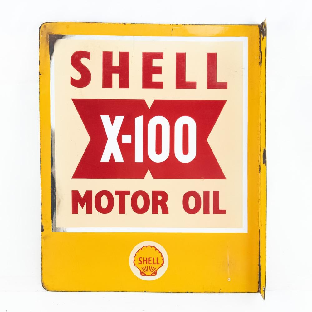 Shell X-100 Motor Oil DSP Advertising Flange Sign: Shell X-100 Motor Oil double sided porcelain flange advertising sign. Very good to good overall condition with some age and wear including minor scratches, discoloration and oxidation. Flange shows