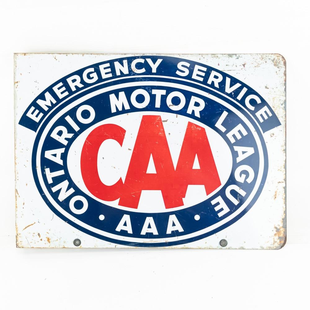 CAA Ontario Motor League Flange Advertising Sign: Ontario Motor League AAA (CAA) painted metal advertising flange sign. Good overall condition with age and wear including extra holes, scratches, & oxidation. Flange shows (5) attachment holes.