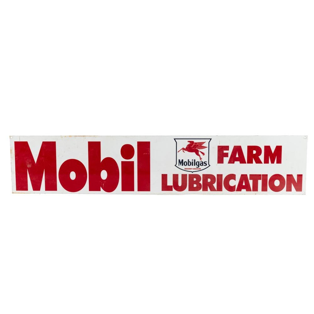 Mobilgas Farm Lubrication SSP Advertising Sign: Mobilgas Mobil Farm Lubrication single sided porcelain advertising sign. Very good overall condition with some discoloration, stray marks and oxidation. Approximately 7"t x 35"l. Please use photos to