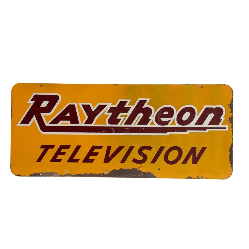 Raytheon Television Double Sided Advertising Sign: "Raytheon Television" double sided metal advertising sign. Good overall condition with some discoloration, chipped porcelain, scratches and oxidation. Stout Sign Co. St. Louis Mo. stamped near bottom
