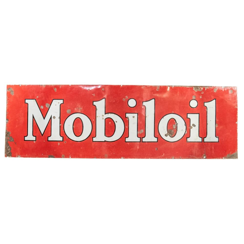 96" MOBILOIL SSP Porcelain Advertising Sign: "MOBILOIL" single sided porcelain rectangular advertising sign. Good overall condition with age and wear related cosmetic imperfections including some discoloration, stray marks / scratches, extra