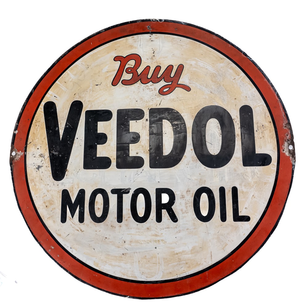 26" "Buy Veedol Motor Oil" DSP Advertising Sign: "Buy Veedol Motor Oil" double sided 26" porcelain advertising sign. Good overall condition with discoloration, chips, scratches, stray marks and oxidation. One side presents better than the other.