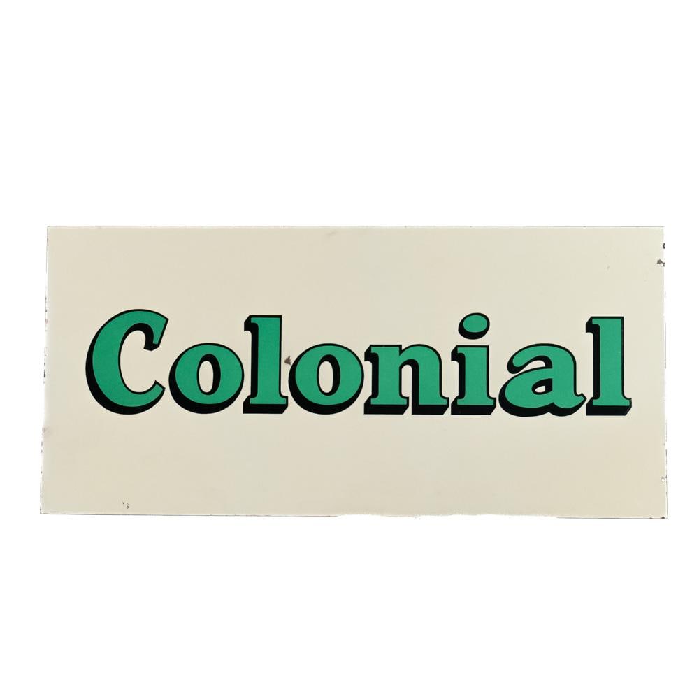Colonial Double Sided Porcelain Advertising Sign: "Colonial" double sided porcelain advertising sign. Good to very good overall condition with some porcelain chips & stray marks. Approximately 23"t x 49"l. Please use photos to judge condition and