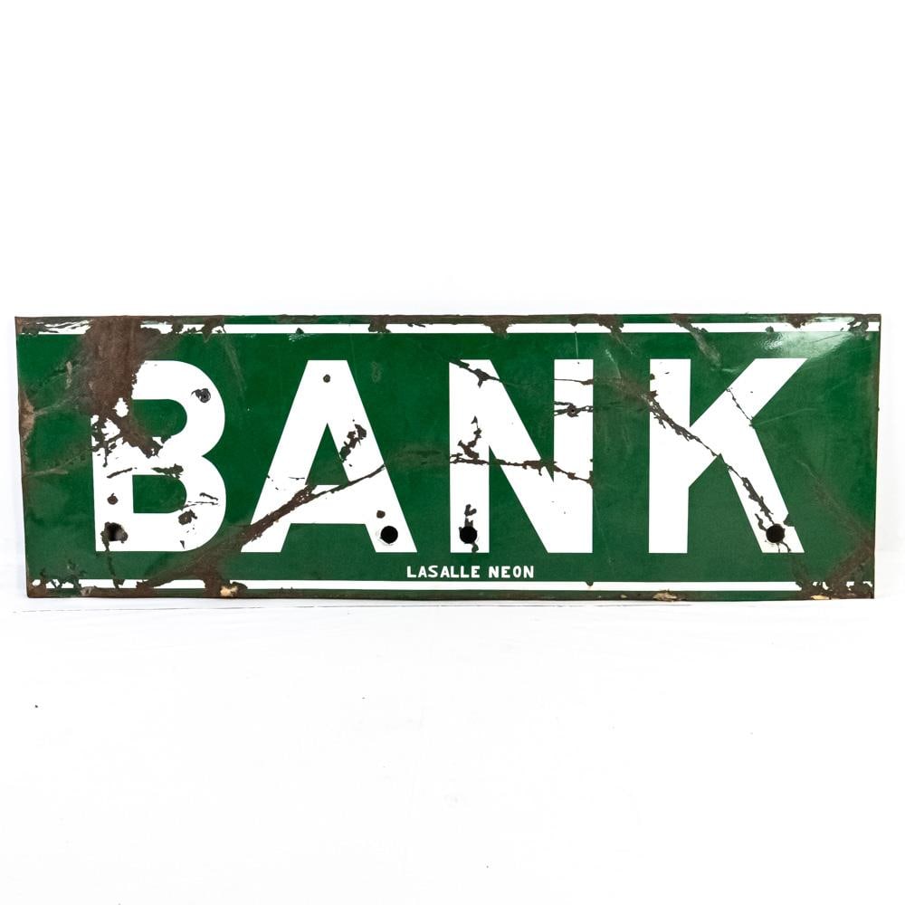 Lasalle Neon "BANK" Single Sided Porcelain AD Sign: Large and in charge"BANK" single sided porcelain advertising sign by Lasalle Neon, previously accented with neon. In good overall condition with moderate discoloration, area's with chipped porcelain