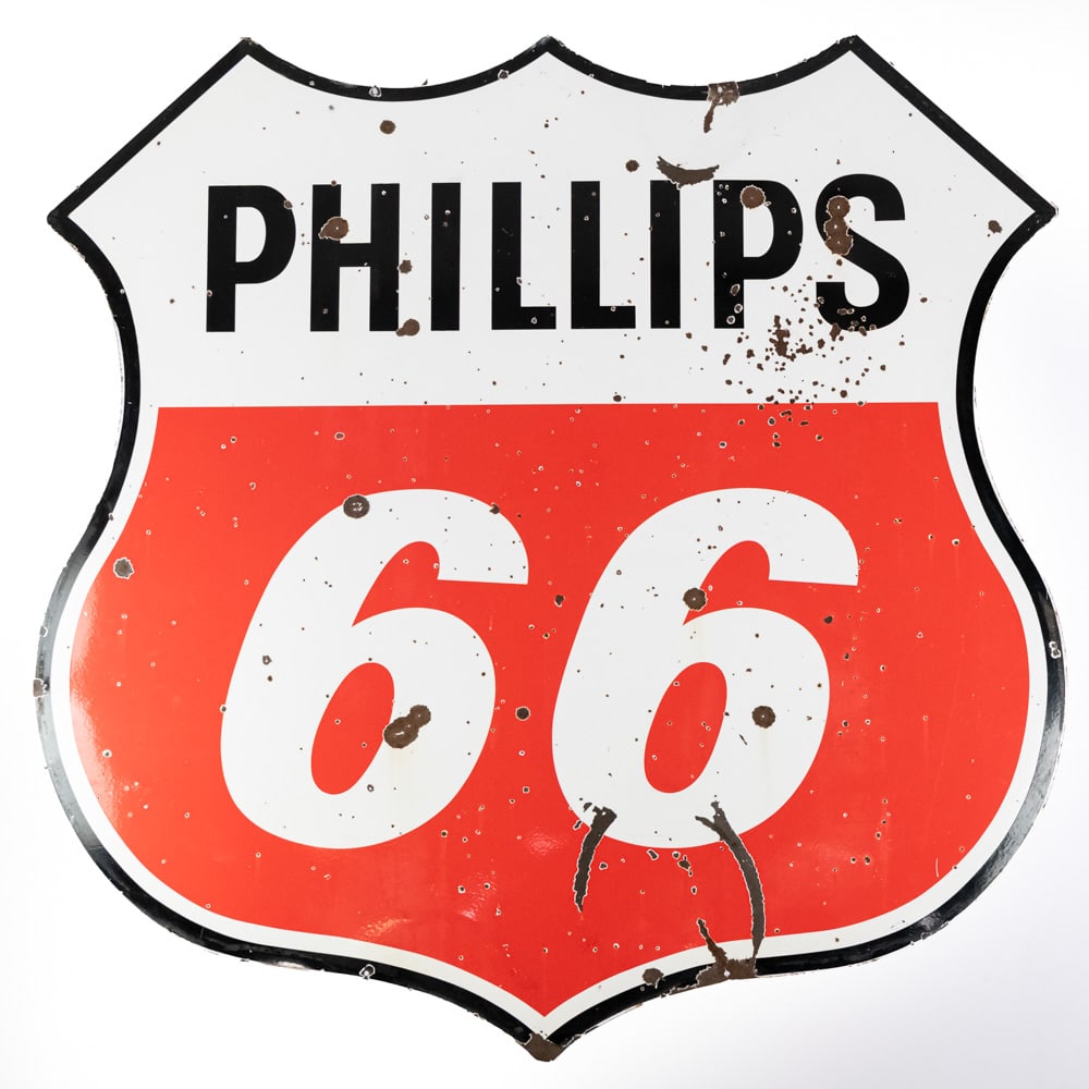 70" Phillips 66 DSP Porcelain Advertising Sign: 70" Phillips 66 double sided porcelain advertising sign. Large and in charge, good overall condition with some stray marks scratches, assorted areas of chipped porcelain spots and various areas showin