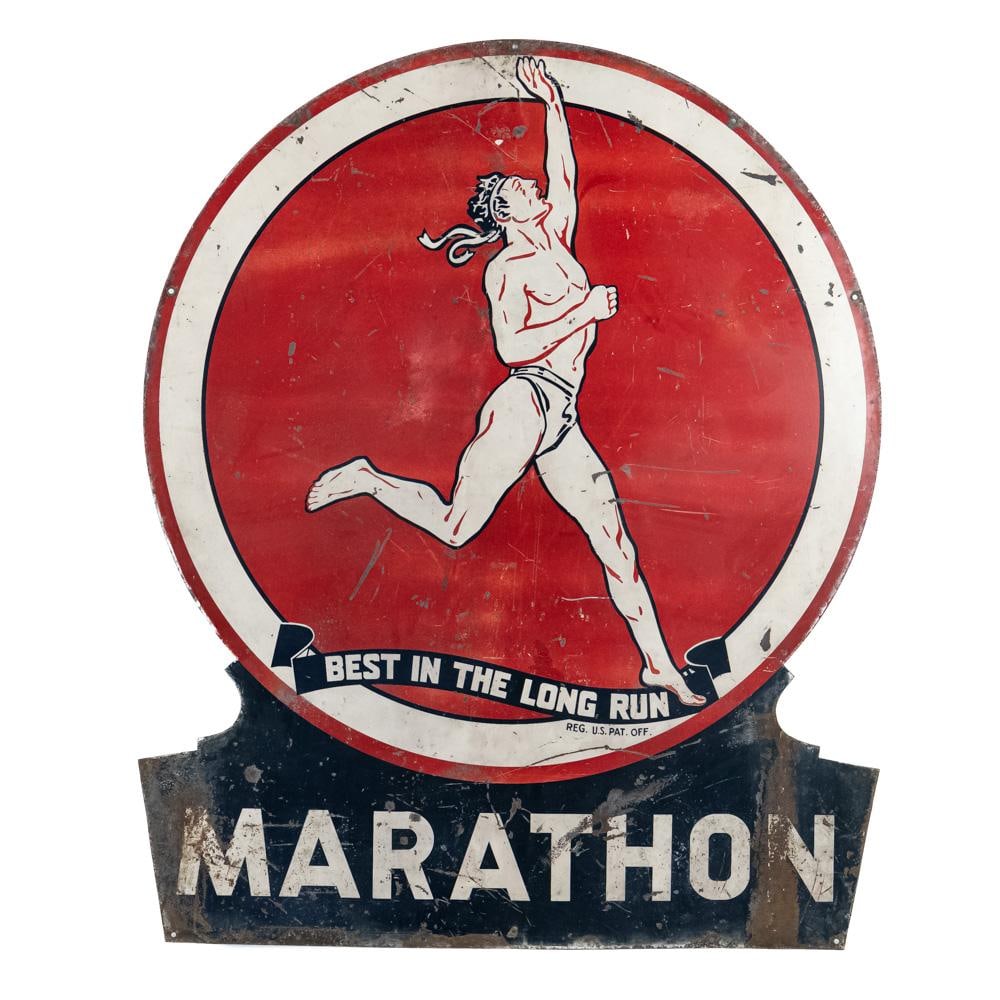 Marathon Best in the Long Run DSP Advertising Sign: Marathon Best in the Long Run double sided porcelain advertising sign. Good overall condition with age and wear related cosmetic imperfections including fading, discoloration stray marks / scratches a