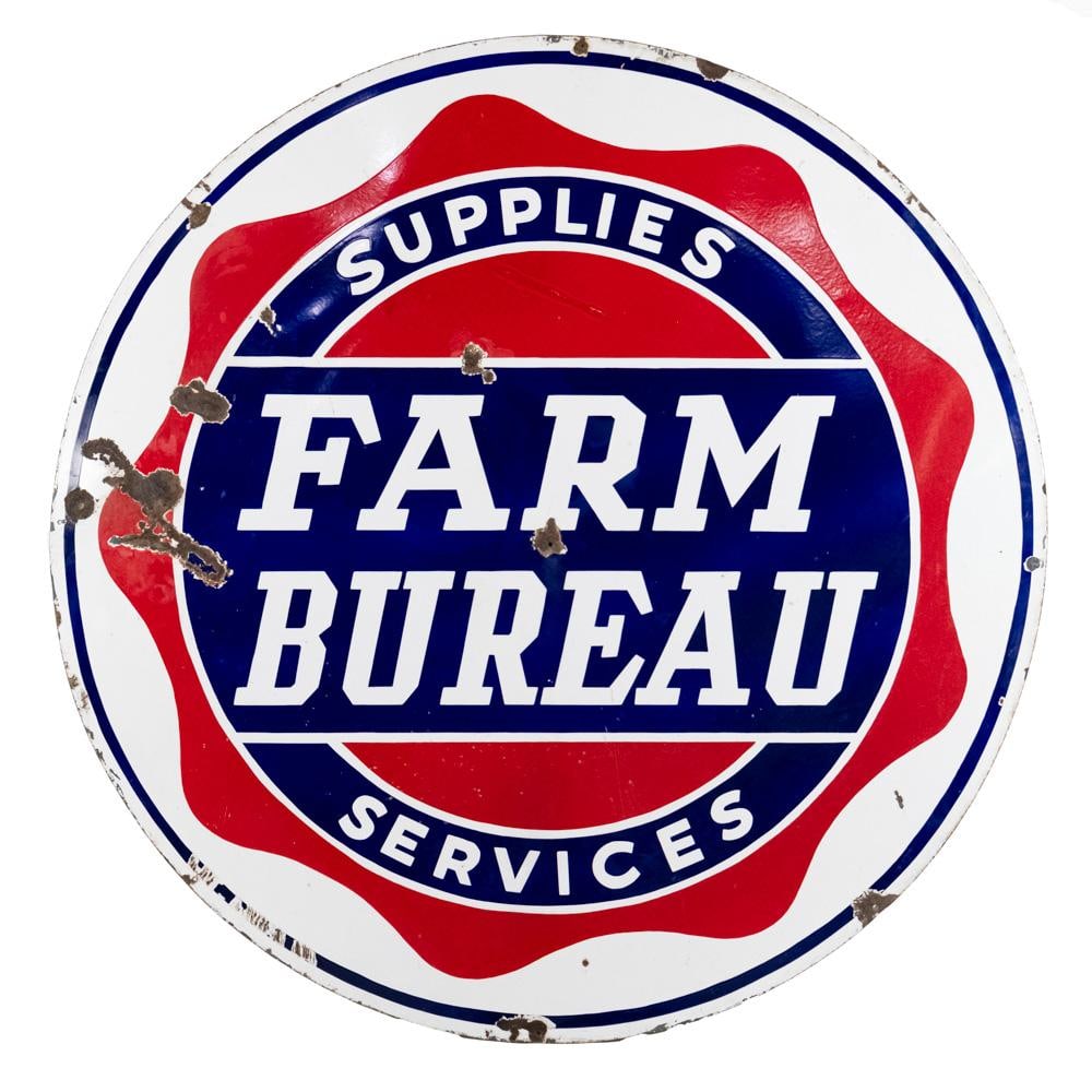 60" Farm Bureau Supplies Service SSP AD Sign: 60" Farm Bureau Supplies Services single sided porcelain advertising sign. Presents extremely well with attractive RED, WHITE & BLUE color, Good overall condition with age and wear related cosmetic im