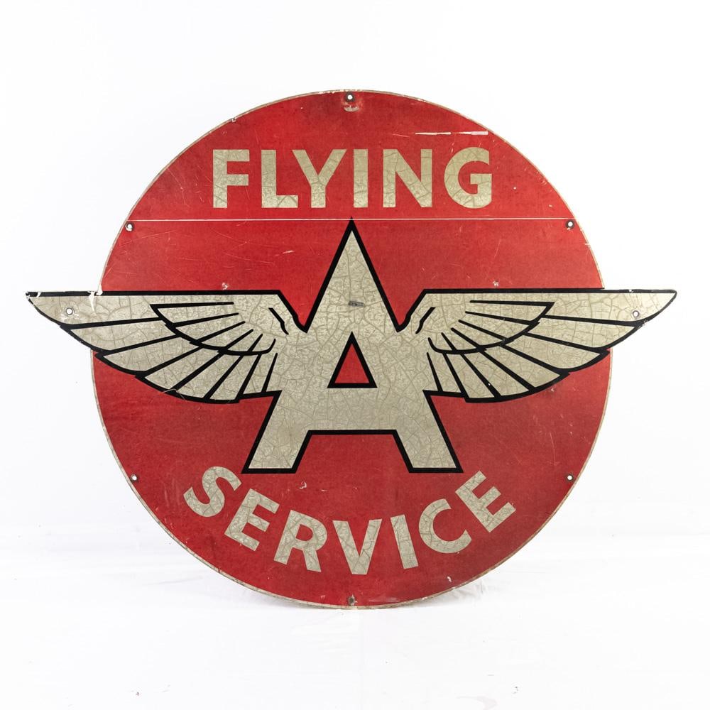 60" Flying A Service Diecut Advertising Sign: Large and in Charge "FLYING A SERVICE" diecut single sided reflective metal advertising sign. Single sided converted to double sided advertising sign; Side A shows vintage Flying A Service graphic, si