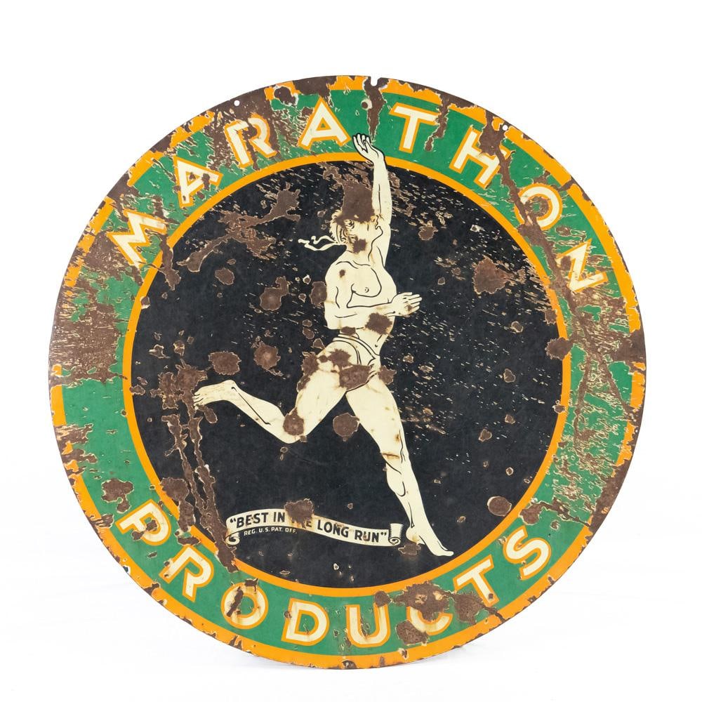 48" Marathon Products DSP Advertising Sign: Iconic 48" "MARATHON PRODUCTS" Best in the Long Run double sided porcelain advertising sign. Featuring the iconic "Running Man" Logo, good overall condition with moderate discoloration with stray mark