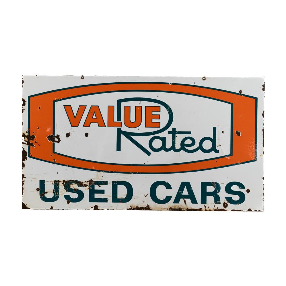54" Value Rated Used Cars DSP Advertising Sign: Vintage "Value Rated Used Cars" double sided porcelain advertising sign. Presents well and in good overall condition with moderate discoloration, stray marks chipped porcelain, extra holes and oxidati