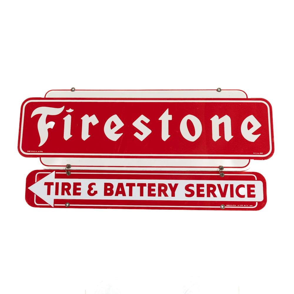 Firestone Tire & Battery DST Advertising Sign: "Firestone" double sided painted metal double advertising sign. Consists of a pair of signs that are centrally attached. Presents extremely well with bold crisp eye catching color. Very good overall c
