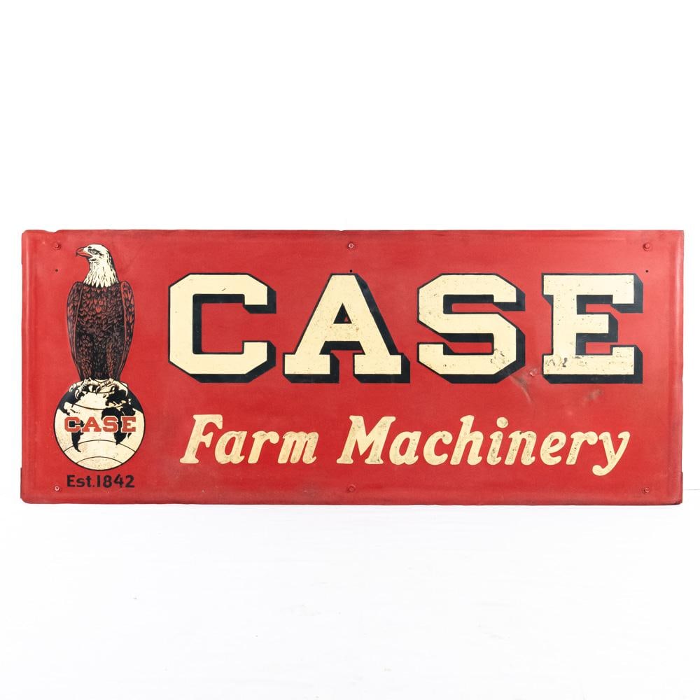 Case Farm Machinery SST Embossed Advertising Sign: CASE Farm Machinery Est. 1843 single sided embossed metal advertising sign. Presents well with iconic OLD ABE Eagle on Globe graphic; approximately 30"t x 1.5"d x 72"l. Good overall condition with som