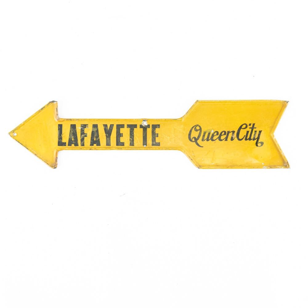 Lafayette Queen City Finger Arrow Advertising Sign: LAFAYETTE Queen City single sided "finger" directional arrow advertising sign with rolled edges. Good overall condition with some age and wear related cosmetic imperfections such as discoloration,