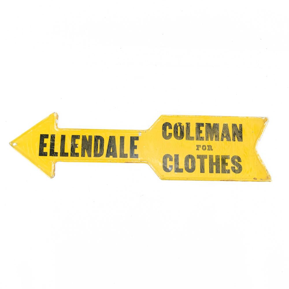 24" Ellendale SST Finger Arrow Advertising Sign: Ellendale Coleman for Clothes single sided "finger" directional arrow advertising sign with rolled edges. Good overall condition with some age and wear related cosmetic imperfections such as